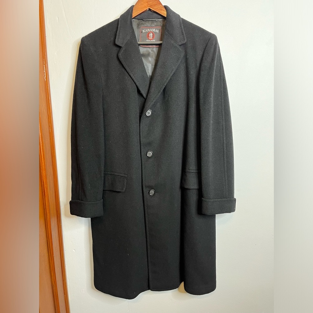 Karamai 100% Pure Cashmere Black Men's Long Heavy Coat Winter VGUC Vintage